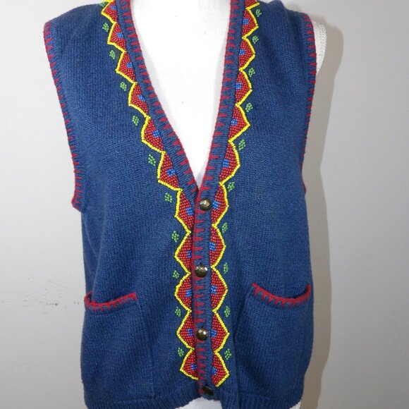 Share Blue Beaded Southwestern Vest Liz Wear Size Large Vintage - Picture 2 of 4